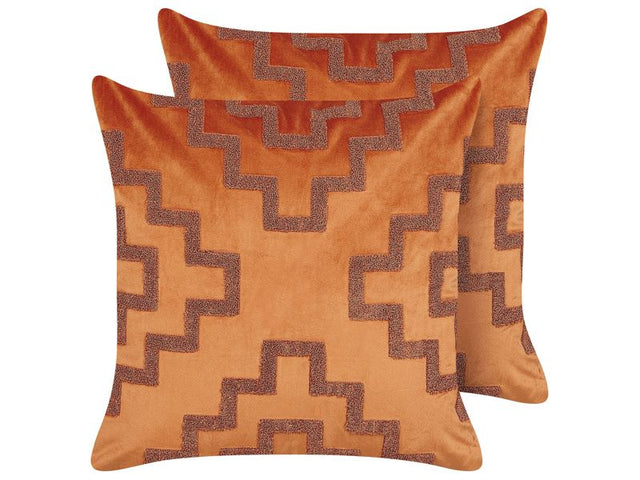 Set of 2 Decorative Cushions Orange Velvet 45 x 45 cm Geometric Pattern Glamour Decor Accessories Beliani