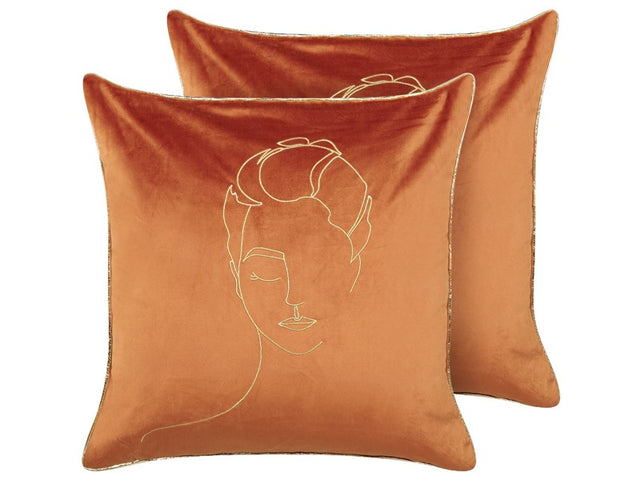 Set of 2 Decorative Cushions Orange and Gold Velvet 45 x 45 cm Face Motif Glamour Decor Accessories Beliani