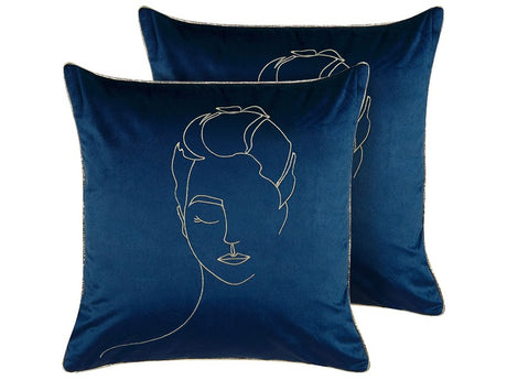 Set of 2 Decorative Cushions Blue and Gold Velvet 45 x 45 cm Face Motif Glamour Decor Accessories Beliani