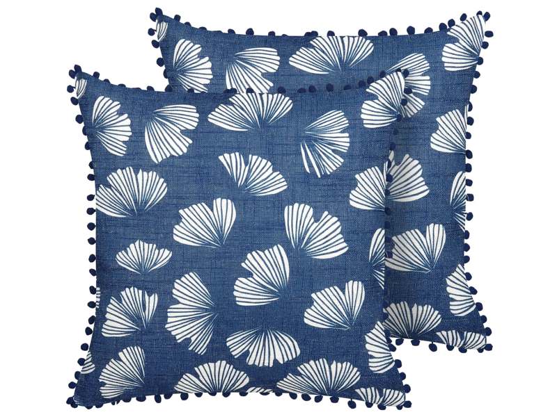 Set of 2 Decorative Cushions Dark Blue Polyester 45 x 45 cm Leaf Print Ginkgo Biloba Glamour Pompoms Decor Accessories Beliani