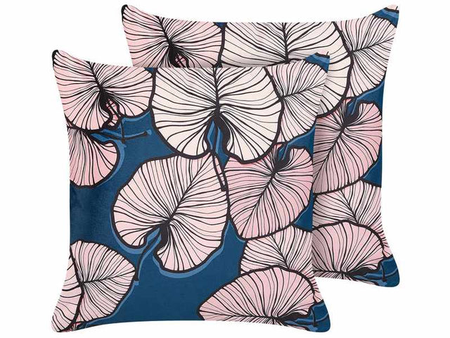 Set of 2 Decorative Cushions Pink Blue Velvet 45 x 45 cm Leaf Print Glamour Decor Accessories Beliani