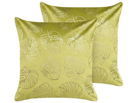 Set of 2 Decorative Cushions Light Green Velvet 45 x 45 cm Leaf Print Glamour Decor Accessories Beliani