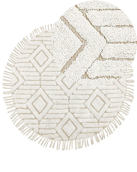 Round Area Rug Beige Cotton  140 cm Tufted with Fringe Pattern Boho Living Room Bedroom Beliani