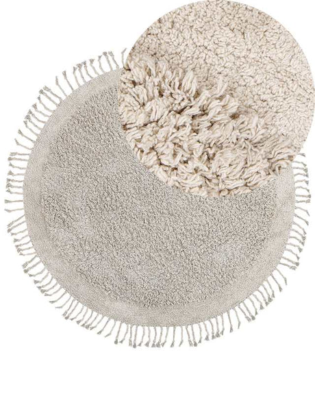 Area Rug Light Beige Cotton ⌀ 140 cm Shaggy Round Shape with Tassels Boho Style Beliani