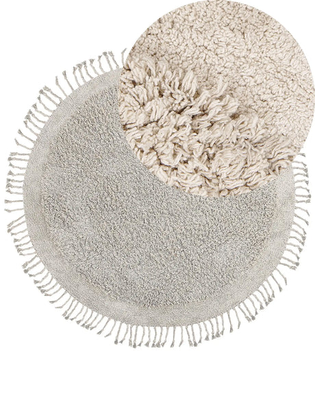 Area Rug Light Beige Cotton  140 cm Shaggy Round Shape with Tassels Boho Style Beliani