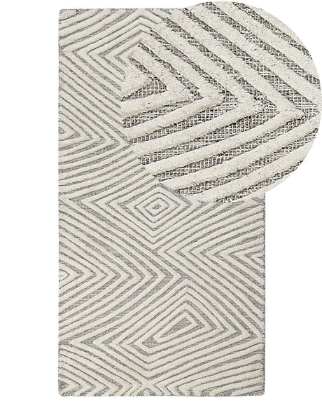 Area Rug White and Grey Wool 80 x 150 cm Hand Woven Geometric Pattern Scandinavian Style Living Room Bedroom Beliani