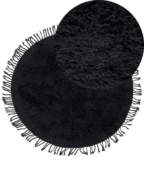 Area Rug Black Cotton ⌀ 140 cm Shaggy Round Shape with Tassels Boho Style Beliani