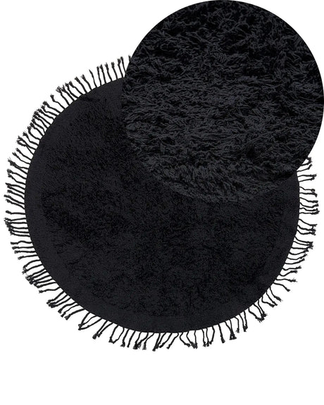 Area Rug Black Cotton  140 cm Shaggy Round Shape with Tassels Boho Style Beliani