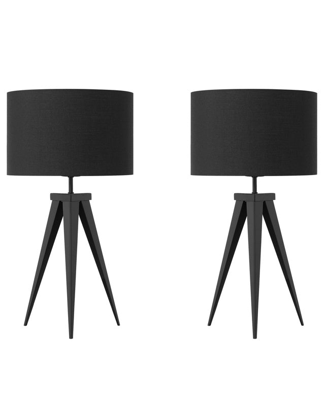 Set of 2 Tripod Table Lamps Black Drum Shade Industrial Beliani