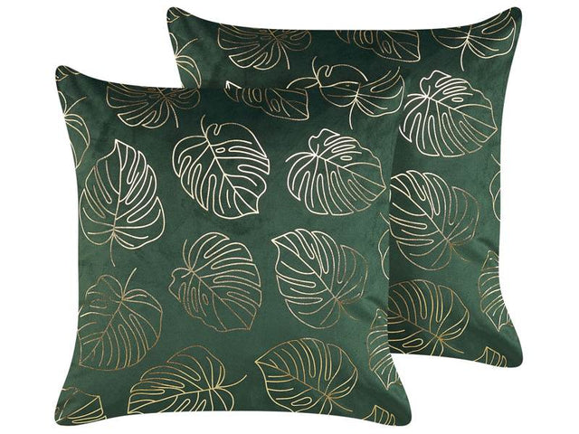 Set of 2 Decorative Cushions Dark Green Velvet 45 x 45 cm Leaf Print Glamour Decor Accessories Beliani