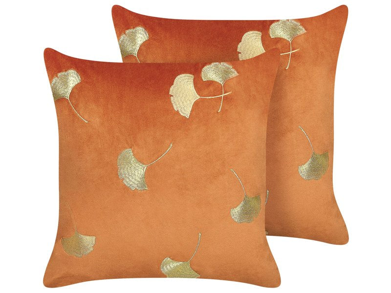 Set of 2 Decorative Cushions Orange Velvet 45 x 45 cm Gold Leaf Foil Print Glamour Decor Accessories Beliani