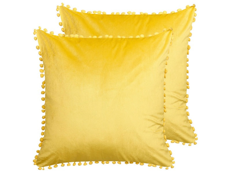 Set of 2 Scatter Cushions Yellow Velvet 45 x 45 cm with mini pom poms Chair Cushion Glam Retro Beliani