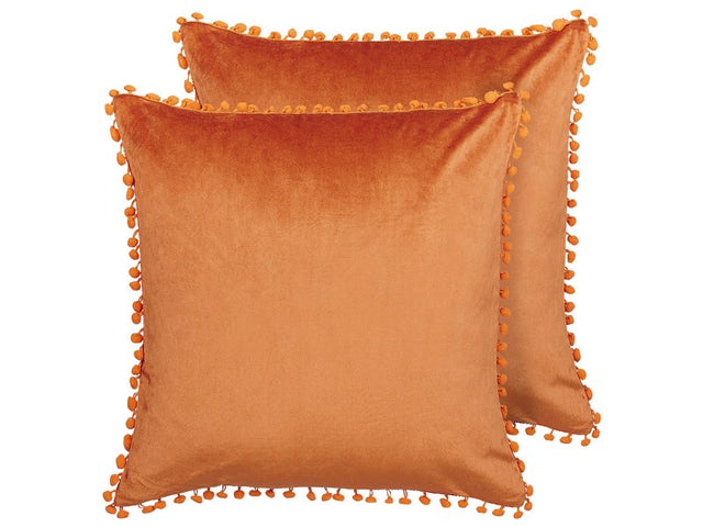 Set of 2 Scatter Cushions Orange Velvet 45 x 45 cm with Mini Pom Poms Chair Cushion Glam Retro Beliani