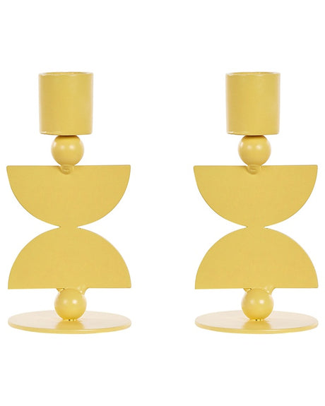 Set of 2 Candle Holders Yellow Iron Round Shape Modern Boho Candlesticks Decoration Beliani