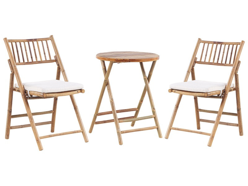 Garden Bistro Set Light Wood with Off-White Cushions Tea Table 2 Folding Chairs UV Resistant Beliani