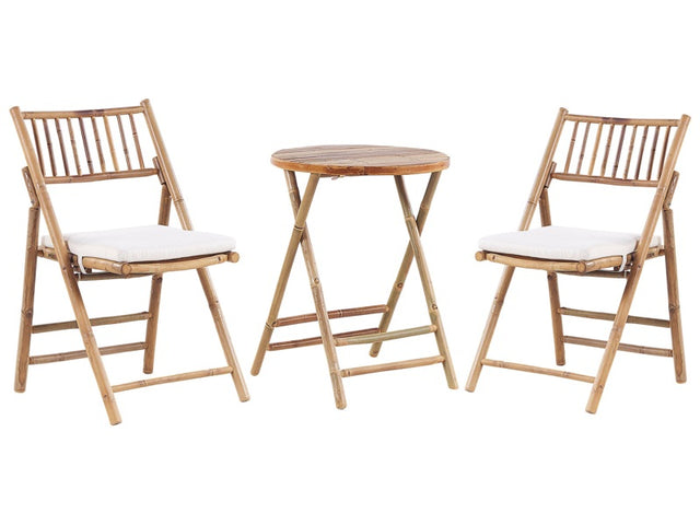 Garden Bistro Set Light Wood with Off-White Cushions Tea Table 2 Folding Chairs UV Resistant Beliani