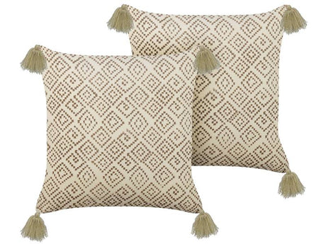 Set of 2 Decorative Cushions Beige Velvet and Cotton 45 x 45 cm Geometric Pattern Block Printed Boho Decor Accessories Beliani