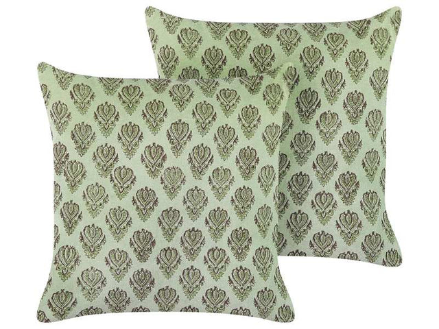 Set of 2 Decorative Cushions Green Velvet and Cotton 45 x 45 cm Floral Pattern Block Printed Boho Decor Accessories Beliani