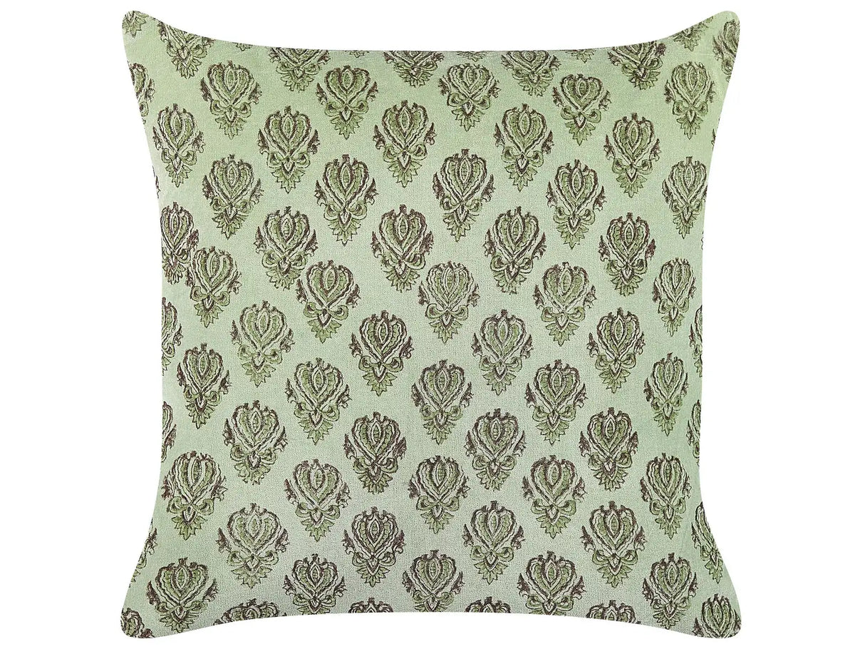 Decorative Cushion Green Velvet and Cotton 45 x 45 cm Floral Pattern Block Printed Boho Decor Accessories Beliani