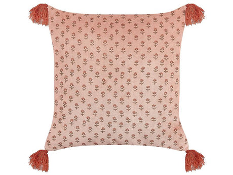 Decorative Cushion Pink Velvet and Cotton 45 x 45 cm Floral Pattern Block Printed Boho Decor Accessories Beliani