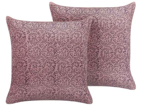 Set of 2 Decorative Cushions Pink Velvet and Cotton 45 x 45 cm Floral Pattern Block Printed Boho Decor Accessories Beliani