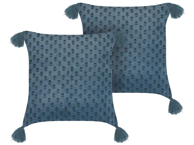 Set of 2 Decorative Cushions Dark Blue Velvet and Cotton 45 x 45 cm Floral Motif Block Printed Boho Decor Accessories Beliani