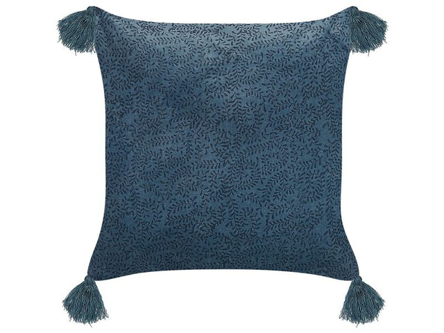 Decorative Cushion Dark Blue Velvet and Cotton 45 x 45 cm Floral Pattern Block Printed Boho Decor Accessories Beliani