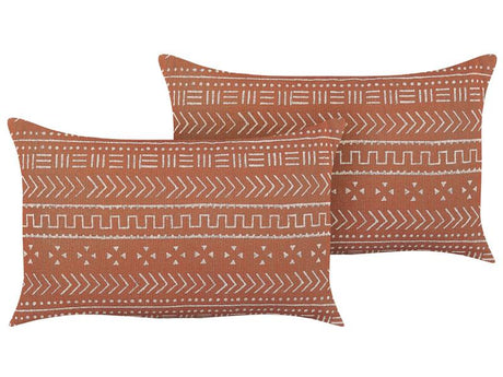 Set of 2 Decorative Cushions Orange Cotton 35 x 55 cm Geometric Pattern Block Printed Boho Decor Accessories Beliani