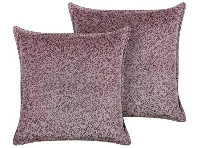 Set of 2 Decorative Cushions Pink Velvet and Cotton 45 x 45 cm Floral Pattern Block Printed Boho Decor Accessories Beliani