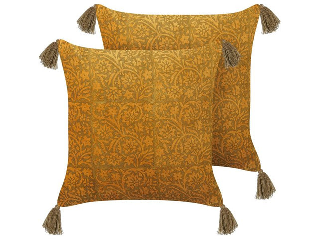 Set of 2 Decorative Cushions Yellow Velvet 45 x 45 cm Floral Pattern with Tassels Block Printed Boho Decor Accessories Beliani