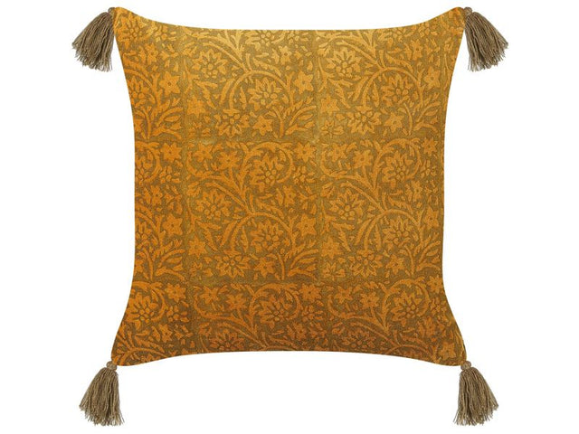 Decorative Cushion Orange Velvet 45 x 45 cm Floral Pattern with Tassels Block Printed Boho Decor Accessories Beliani