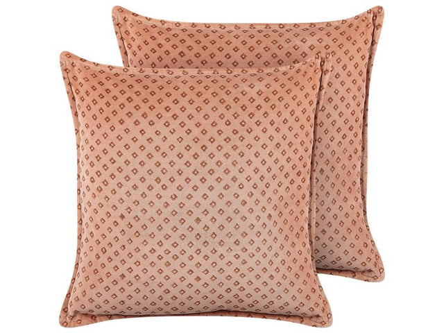 Set of 2 Decorative Cushions Pink Velvet 45 x 45 cm Diamond Pattern Block Printed Boho Decor Accessories Beliani