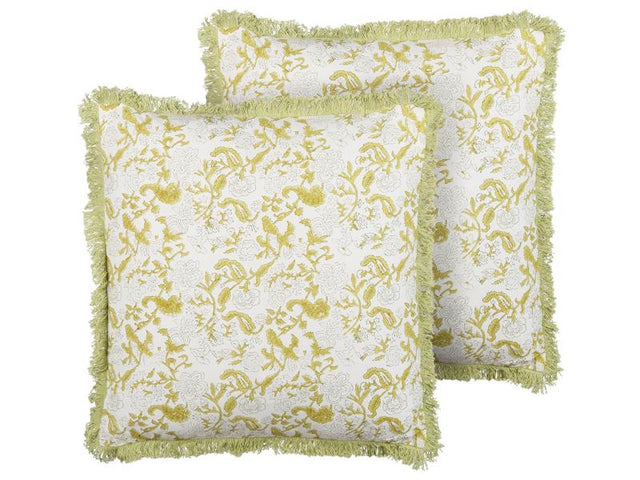 Set of 2 Cotton Cushions Green and White 45 x 45 cm Hand Block Print Removable Covers Zipper Country Traditional Style Beliani