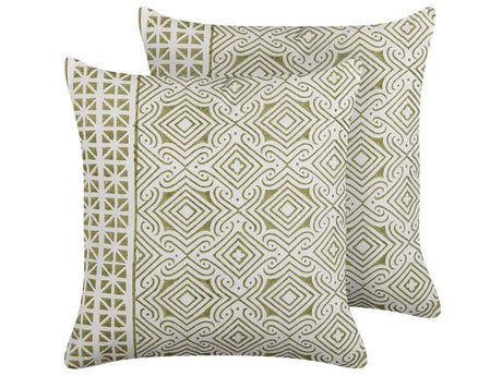 Set of 2 Scatter Cushions Green and White 45 x 45 cm Hand Block Print Removable Covers Zipper Oriental Pattern  Beliani