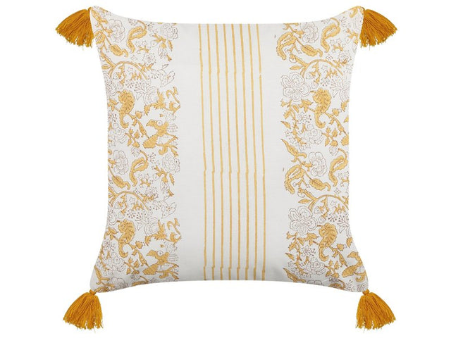 Scatter Cushion Yellow and White 45 x 45 cm Hand Block Print Removable Covers Zipper Floral Pattern  Beliani