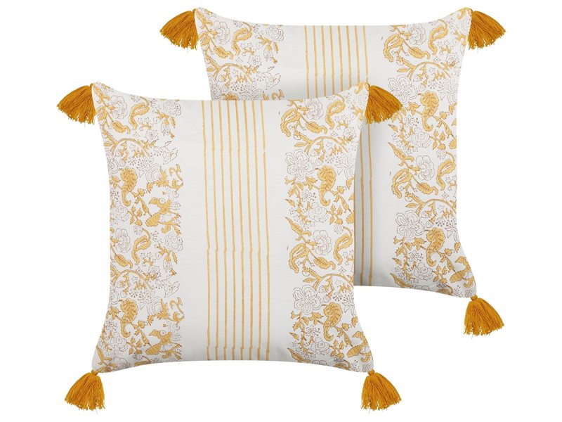 2 Scatter Cushions Yellow and White 45 x 45 cm Hand Block Print Removable Covers Zipper Floral Pattern  Beliani