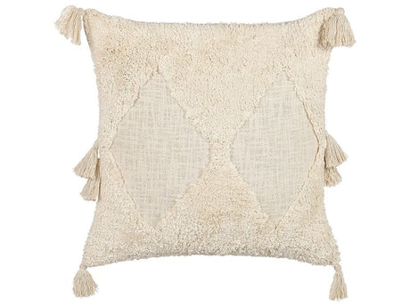 Scatter Cushion Light Beige Cotton 45 x 45 cm Geometric Pattern Tassels Removable Cover with Filling Boho Style Beliani