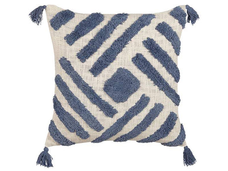 Scatter Cushion Beige and Blue Cotton 45 x 45 cm Geometric Pattern Tassels Removable Cover with Filling Boho Style Beliani