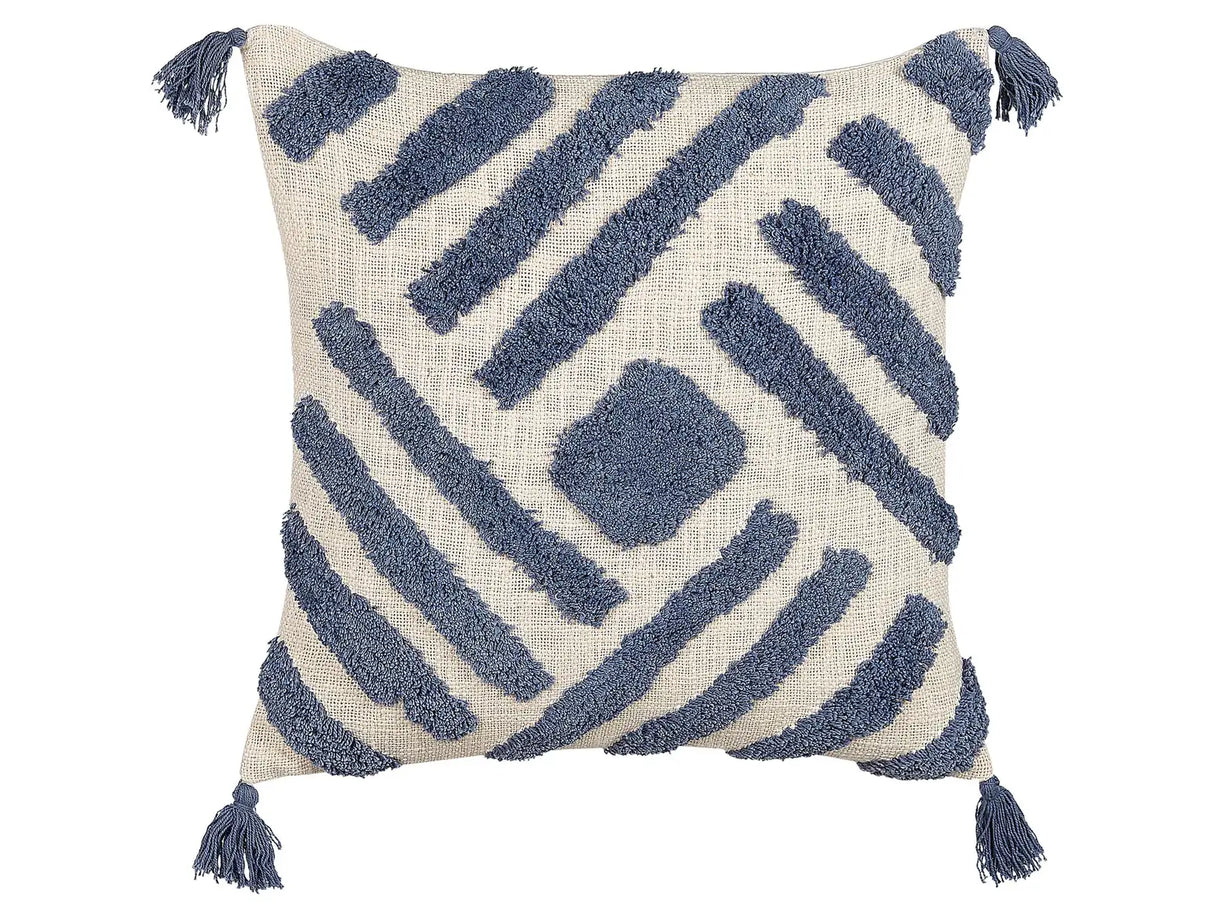 Scatter Cushion Beige and Blue Cotton 45 x 45 cm Geometric Pattern Tassels Removable Cover with Filling Boho Style Beliani