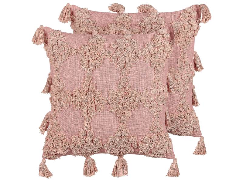 Set of 2 Scatter Cushions Pink Cotton 45 x 45 cm Geometric Pattern Tassels Removable Cover with Filling Boho Style Beliani