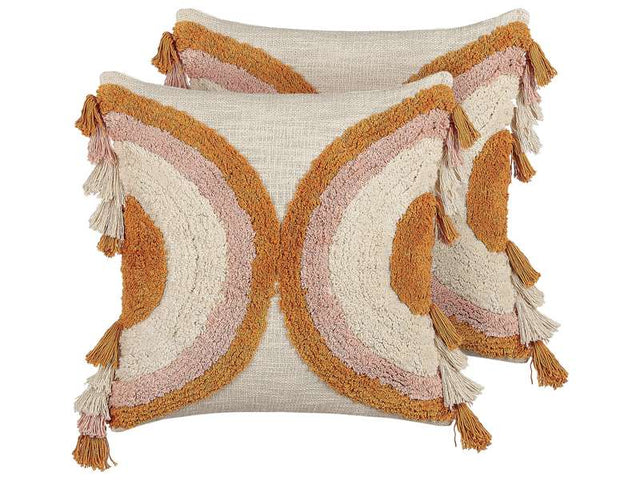 Set of 2 Scatter Cushions Multicolour Cotton 45 x 45 cm Geometric Pattern Tassels Removable Cover with Filling Boho Style Beliani