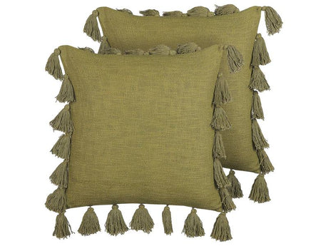 Set of 2 Decorative Cushion Green Cotton 45 x 45 cm with Tassels Modern Boho Decor Accessories Beliani