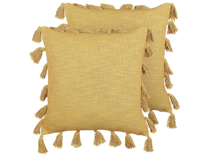 Set of 2 Decorative Cushions Yellow Cotton 45 x 45 cm with Tassels Modern Boho Decor Accessories Beliani