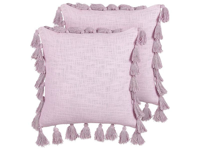 Set of 2 Decorative Cushions Pink Cotton 45 x 45 cm with Tassels Modern Boho Decor Accessories Beliani