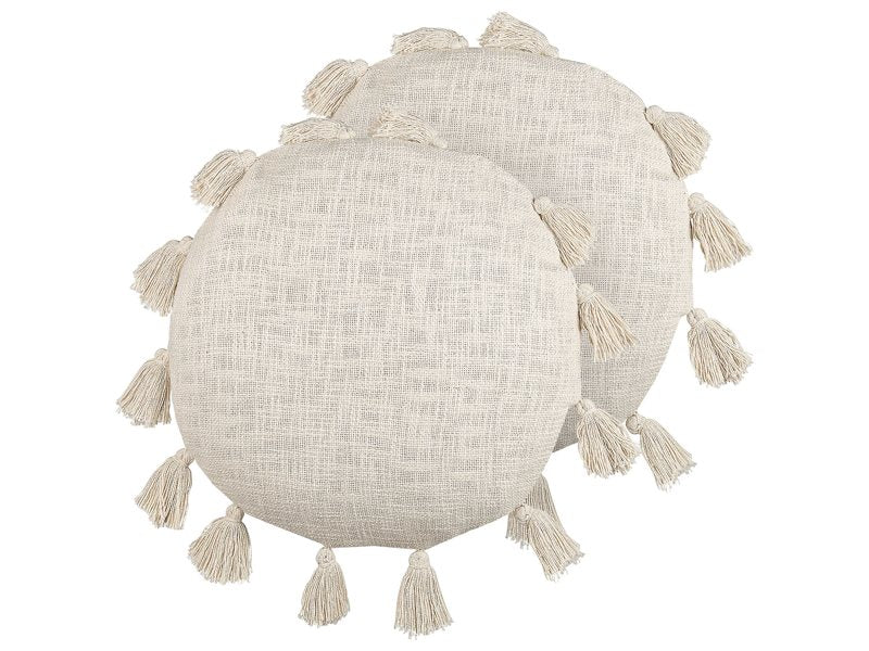 Set of 2 Decorative Cushions Beige Cotton 45 cm Round with Tassels Modern Boho Decor Accessories Beliani