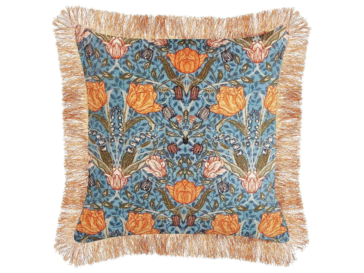 Decorative Cushion Blue Orange Cotton 45 x 45 cm Velvet Flower Motif Fringed Modern Glamour Decor Beliani