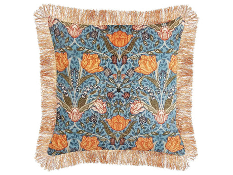 Decorative Cushion Blue Orange Cotton 45 x 45 cm Velvet Flower Motif Fringed Modern Glamour Decor Beliani