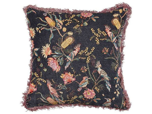 Decorative Cushion Black Pink Cotton 45 x 45 cm Velvet Flower Motif Fringed Modern Glamour Decor Beliani