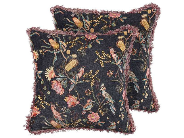 Set of 2 Decorative Cushions Black Pink Cotton 45 x 45 cm Velvet Flower Motif Fringed Modern Glamour Decor Beliani