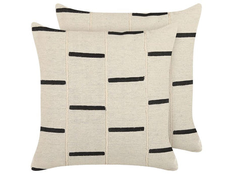 Set of 2 Scatter Cushions Beige and Black Cotton 45 x 45 cm Striped Geometric Pattern Handmade Removable Cover with Filling Beliani